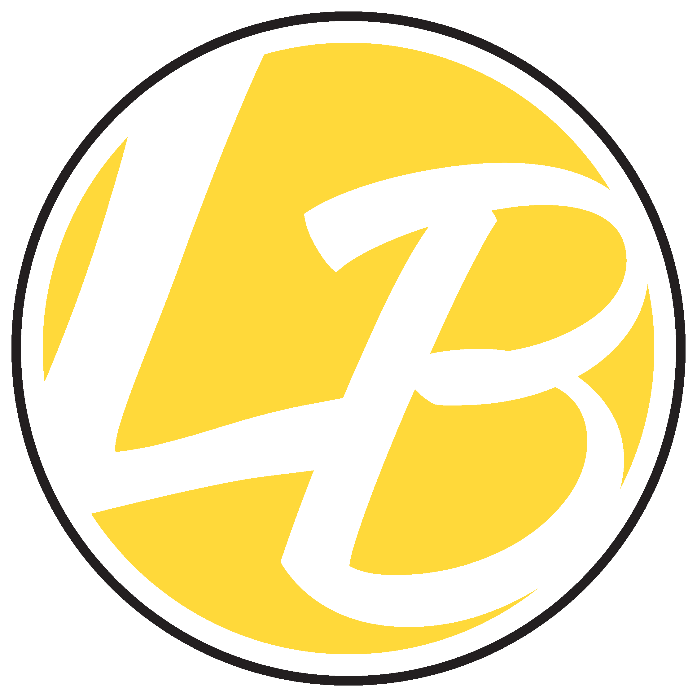 A round logo with a yellow background featuring the stylized white letters "L" and "B" intertwined in the center, outlined by a black border, perfect for promoting Kids Sports Camps Baton Rouge.