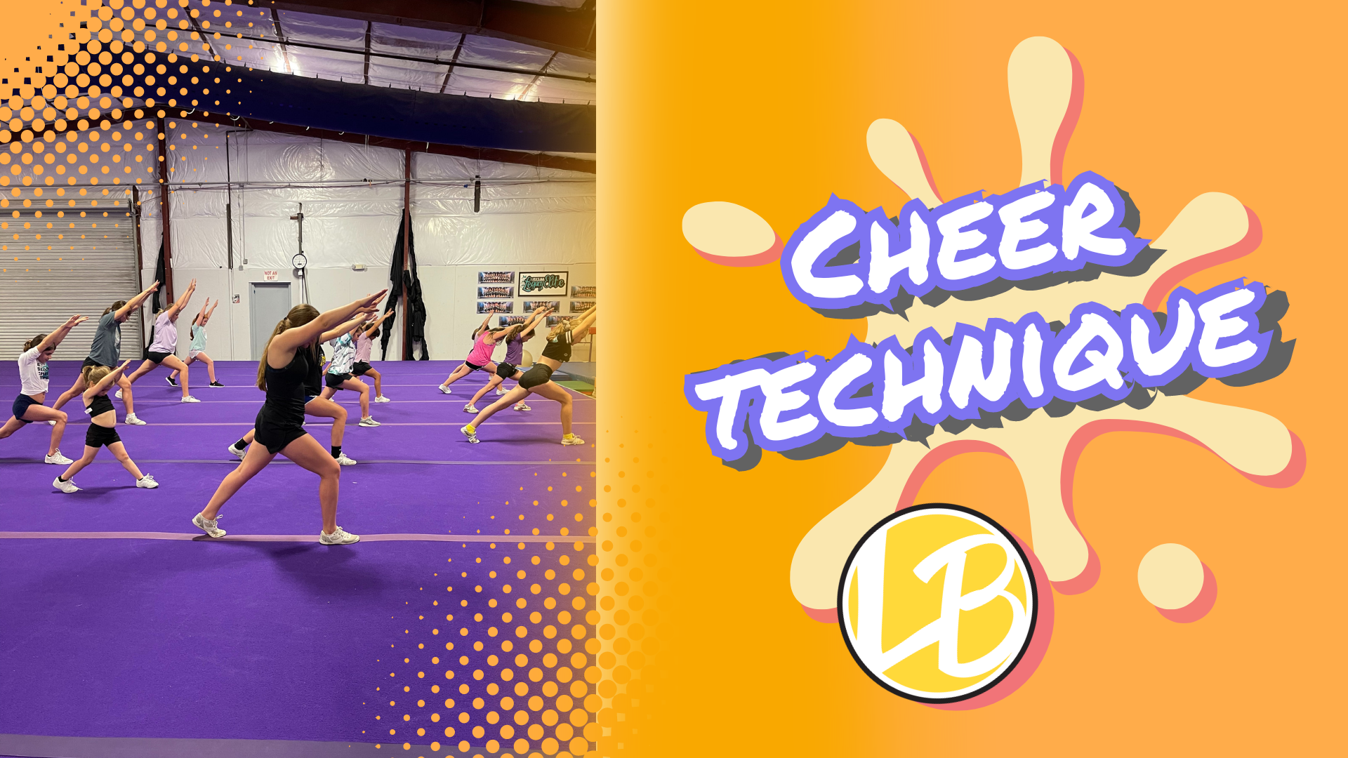A group of cheerleaders practices in a purple-floored gym, performing a stretching routine. The right side of the image features a vibrant orange background with the text "Cheer Technique" and a yellow and black logo.