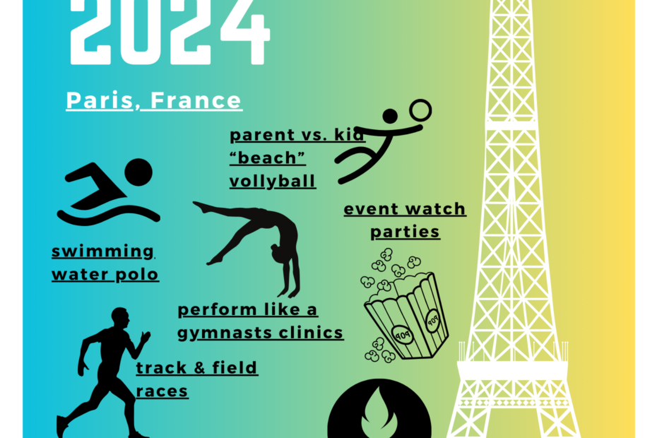 Colorful Olympics-themed flyer featuring the Eiffel Tower on a light purple background. The text lists activities including parent vs. kid "beach" volleyball, swimming water polo, gymnastics clinics, track & field races, event watch parties, and a wacky Olympic parents night out. Event dates: July 28 to August 7, 2024. Save the date! More details to be released for