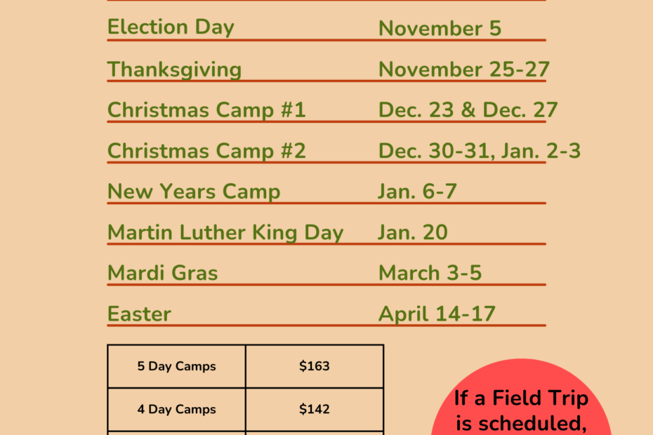 A flyer titled "School's Out Camps" details camp dates: Fall Break (Oct 10-11), Election Day (Nov 5), etc. Hours: 7:00 am-6:00 pm. Pricing varies from $65 to $163 for 1-5 day camps. Extra $25 if field trip is scheduled. Reminder to bring lunch, snacks, and drinks.