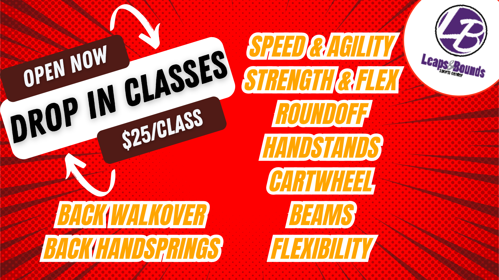 A promotional graphic titled "Drop In Classes" offers various gymnastics skills for $25 per class. Skills listed include speed & agility, strength & flex, roundoff, handstands, cartwheel, beams, flexibility, back walkover, and back handsprings. Logo on the right.