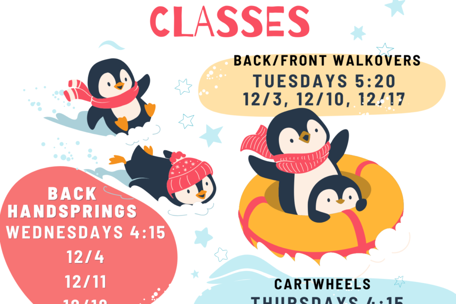 Discover the fun at Leaps & Bounds with our Winter Drop-In Classes! Join us for a penguin-themed adventure, featuring sledding and gymnastics skills. Check out the class schedule and find a time that suits you best. Come drop in for an exhilarating experience!