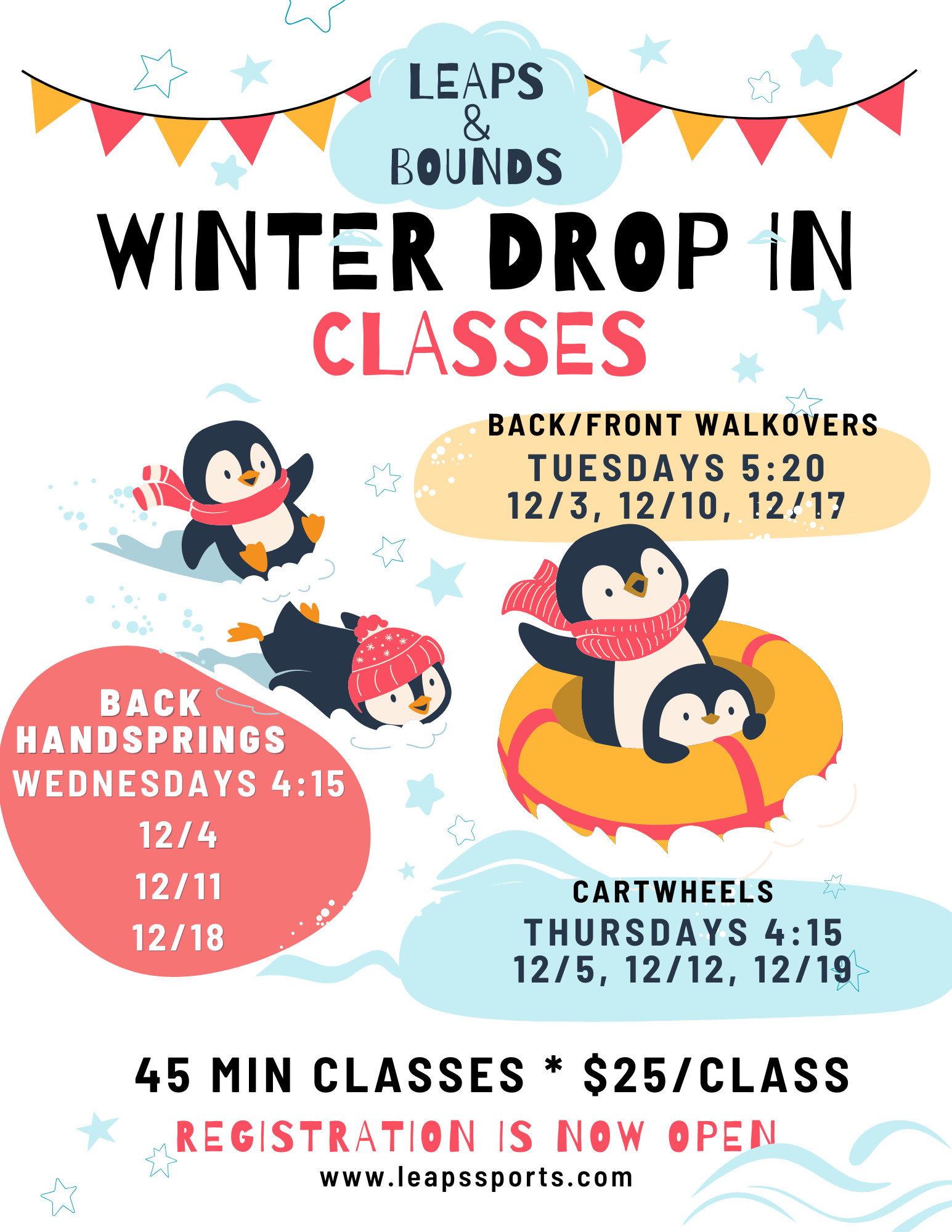 Discover the fun at Leaps & Bounds with our Winter Drop-In Classes! Join us for a penguin-themed adventure, featuring sledding and gymnastics skills. Check out the class schedule and find a time that suits you best. Come drop in for an exhilarating experience!