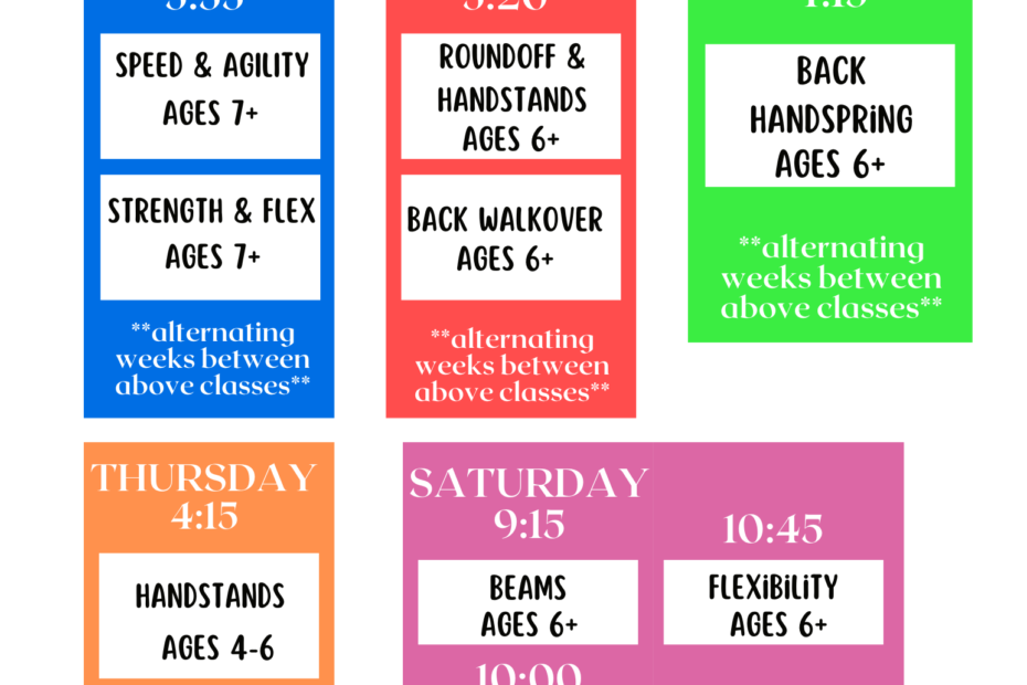 A colorful schedule for drop-in gymnastics classes, priced at $25 per 45 minutes. Classes, held from Monday to Saturday, include themes like Speed & Agility, Strength & Flex, Roundoffs, Back Handsprings, Back Walkover, Handstands, Cartwheel, Beams, Flexibility, and Back Handsprings.