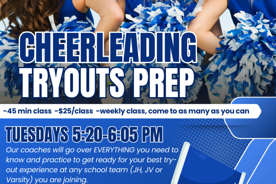 Cheer Clinic tryouts prep flyer with class details, schedule, and registration info. Background features cheering athletes in blue uniforms.