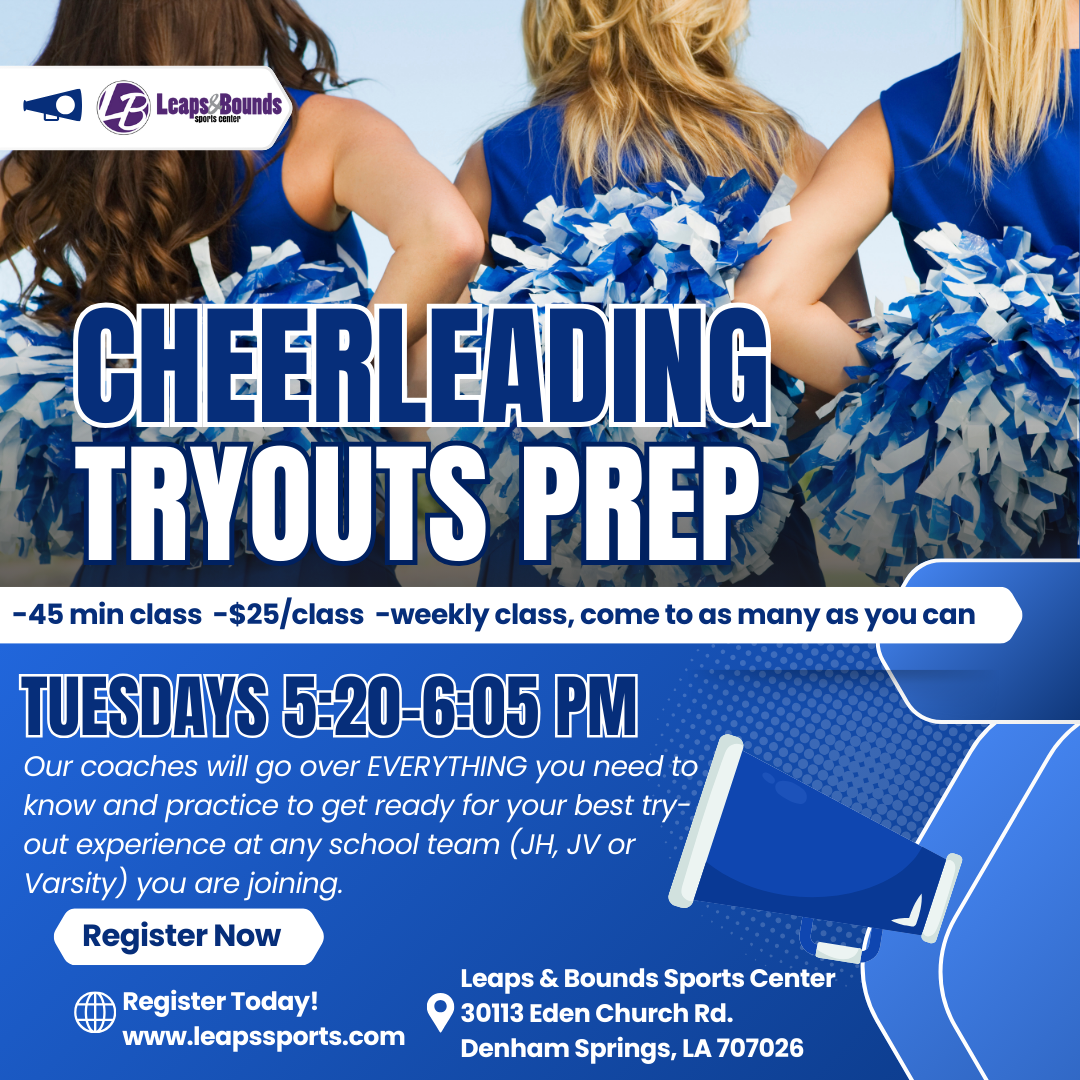 Cheer Clinic tryouts prep flyer with class details, schedule, and registration info. Background features cheering athletes in blue uniforms.