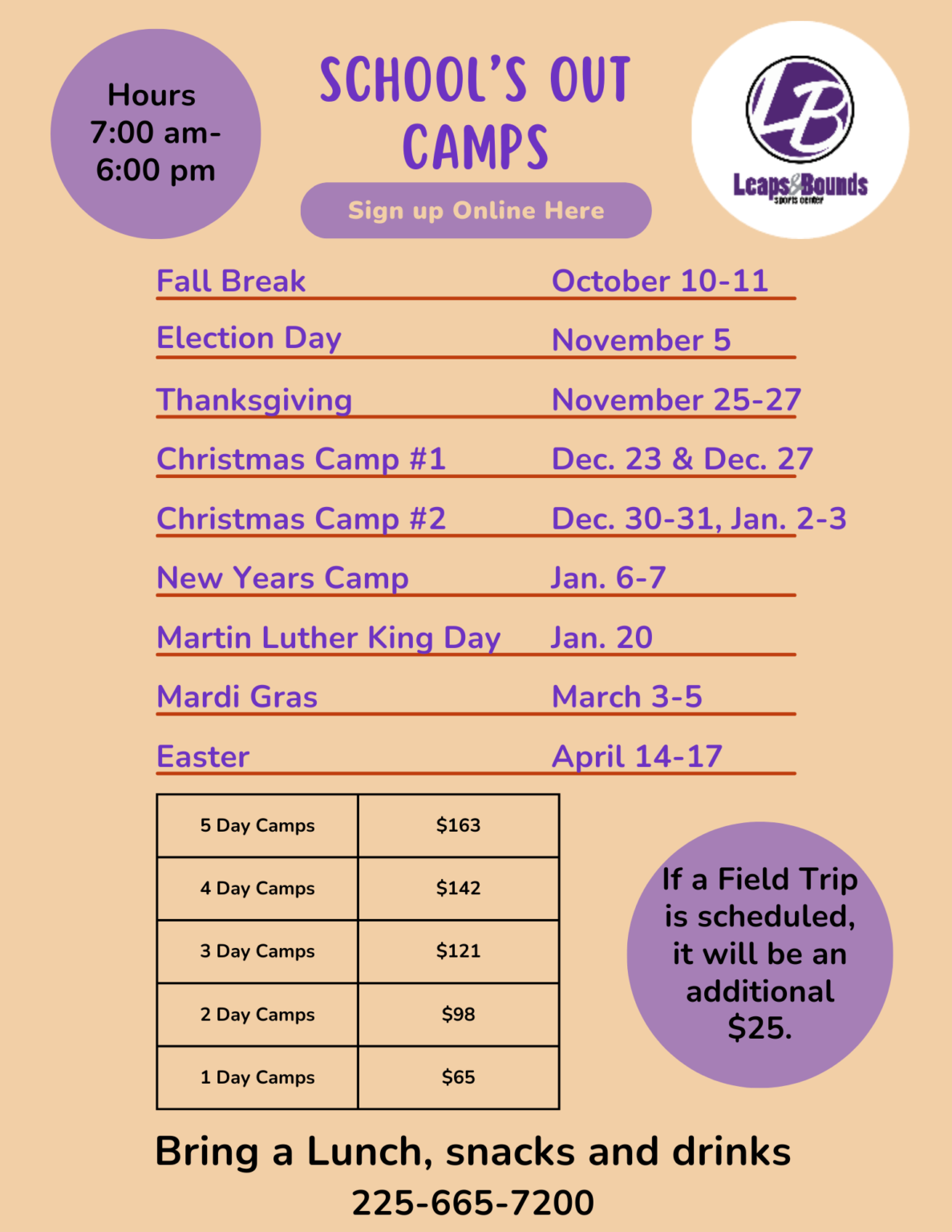 Flyer for Leaps & Bounds School's Out Camps with dates from October 10 to April 14. Costs listed for 1, 2, 3, 4, and 5 day camps.