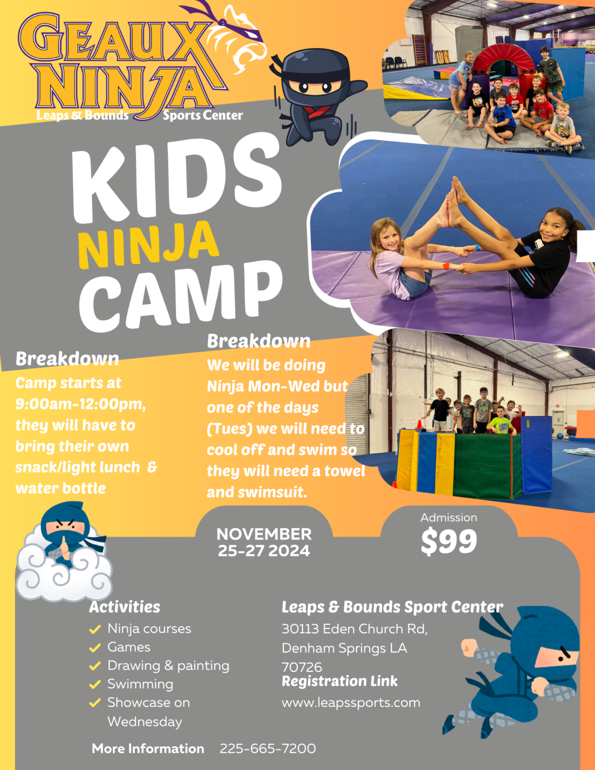 Flyer for Kids Ninja Camp, detailing dates, activities, and requirements, with images of children on obstacle courses. Admission is $99.