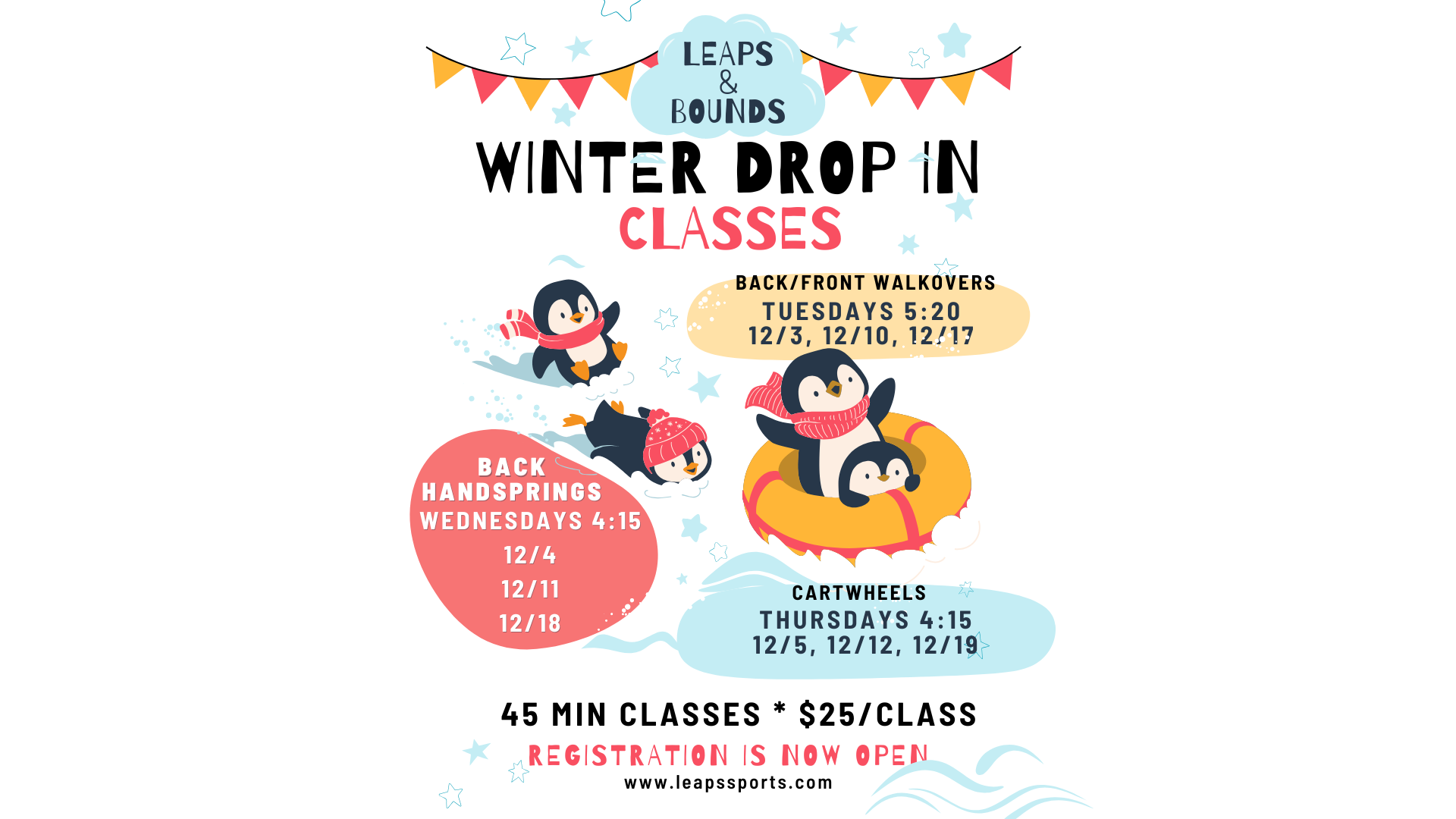 Festive flyer for Leaps & Bounds Winter Drop-In Classes with penguin illustrations. Includes class schedule and registration details.