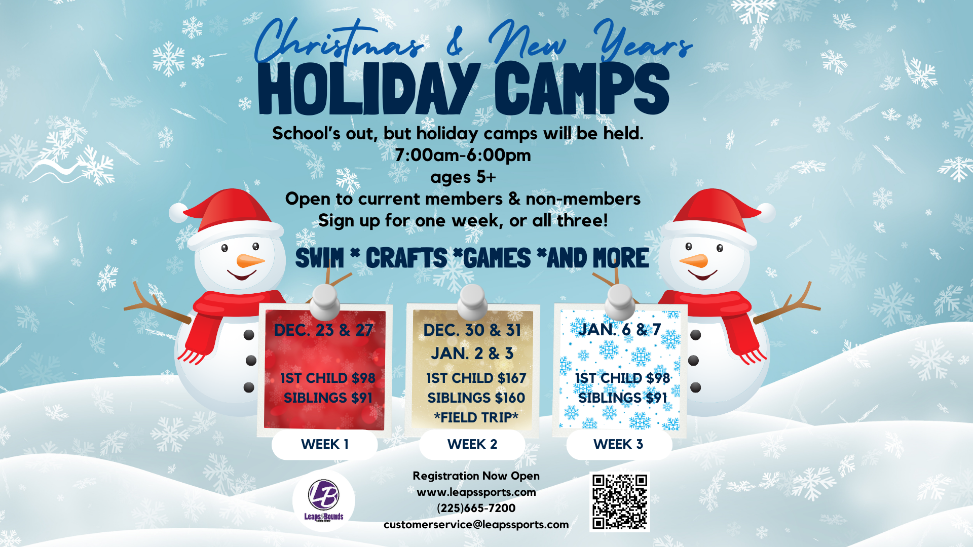 Festive holiday camp flyer featuring snowmen, dates, and pricing for events in December and January. Includes contact info and activities.