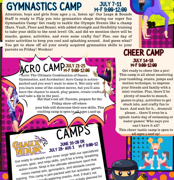 Colorful flyer for specialty summer camps: Gymnastics Camp, Cheer Camp, Acro Camp, and Beauty Ninja Camp, each with details, dates, and times.