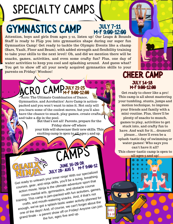 Colorful flyer for specialty summer camps: Gymnastics Camp, Cheer Camp, Acro Camp, and Beauty Ninja Camp, each with details, dates, and times.