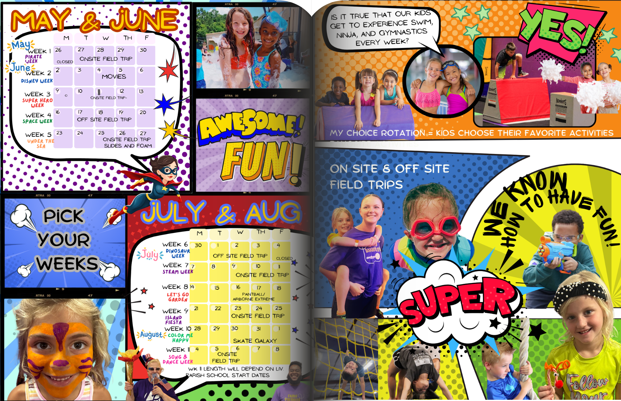 Summer camp flyer with colorful calendar, kids in fun activities, and words like "Awesome Fun," "Super," and "Yes!" promoting events and field trips.