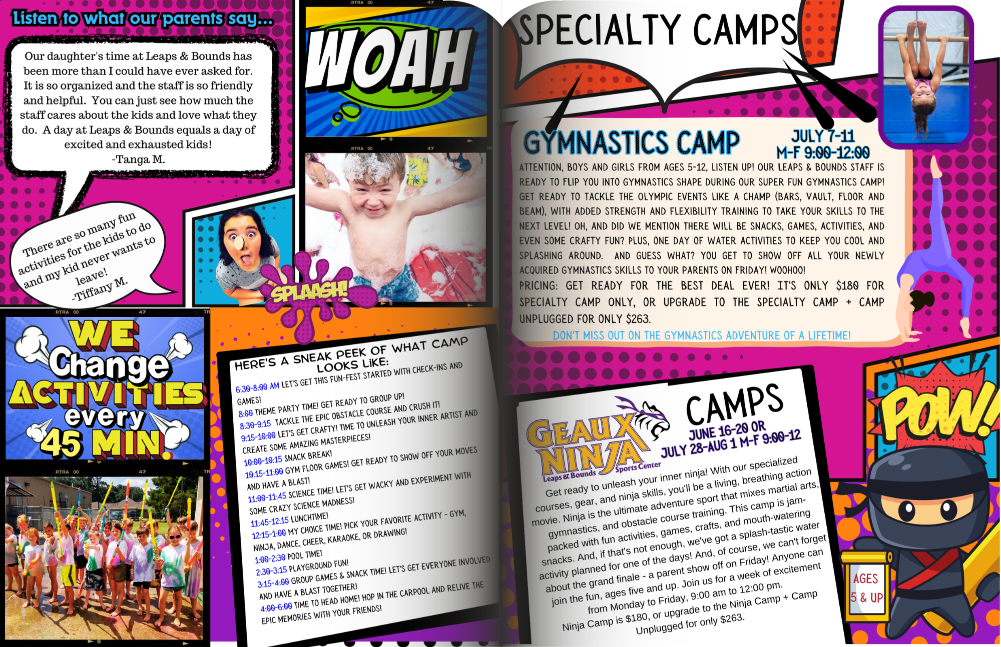 A colorful camp brochure featuring gymnastics and specialty camps with bold text, photos of kids doing activities, graphics, and speech bubbles.