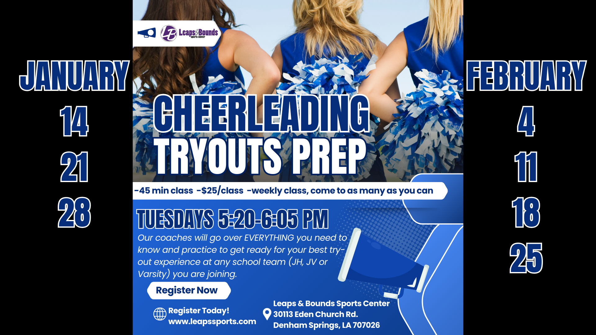 Cheerleading tryouts prep poster with class dates in January and February. Includes details about class times, fees, and location.