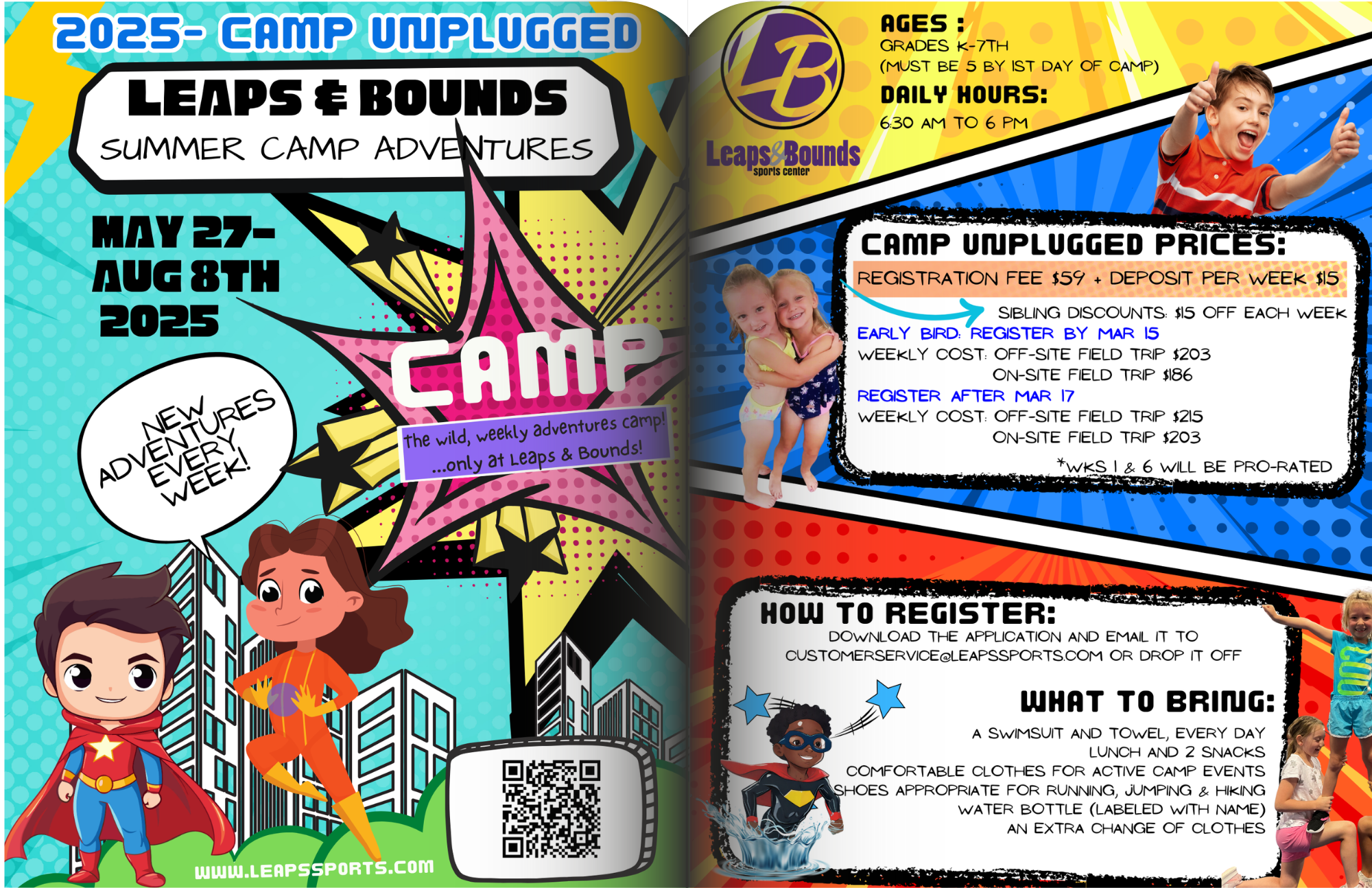 Comic-style flyer for "Leaps & Bounds Summer Camp Adventures 2025" with superhero-themed graphics. Includes camp details, pricing, and registration info.