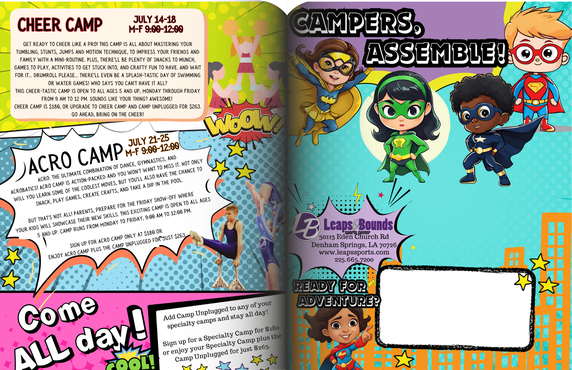 Colorful camp brochure showing superheroes and details for Cheer Camp and Acro Camp. Cartoon kids in superhero costumes are featured throughout.