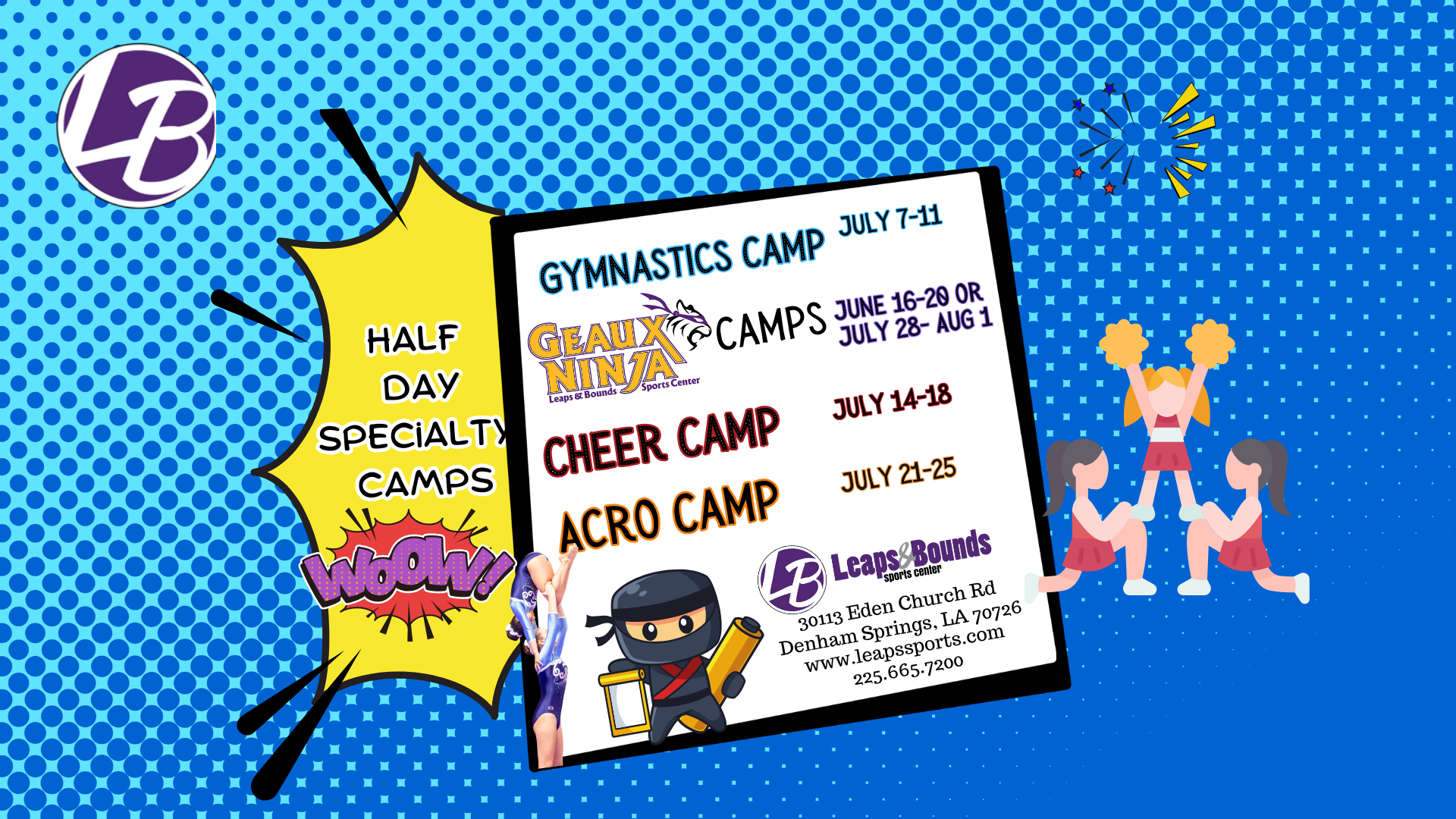 Flyer for Leaps & Bounds camps: Gymnastics, Cheer, Acro, with dates in July 2023. Includes ninja graphics and location details.