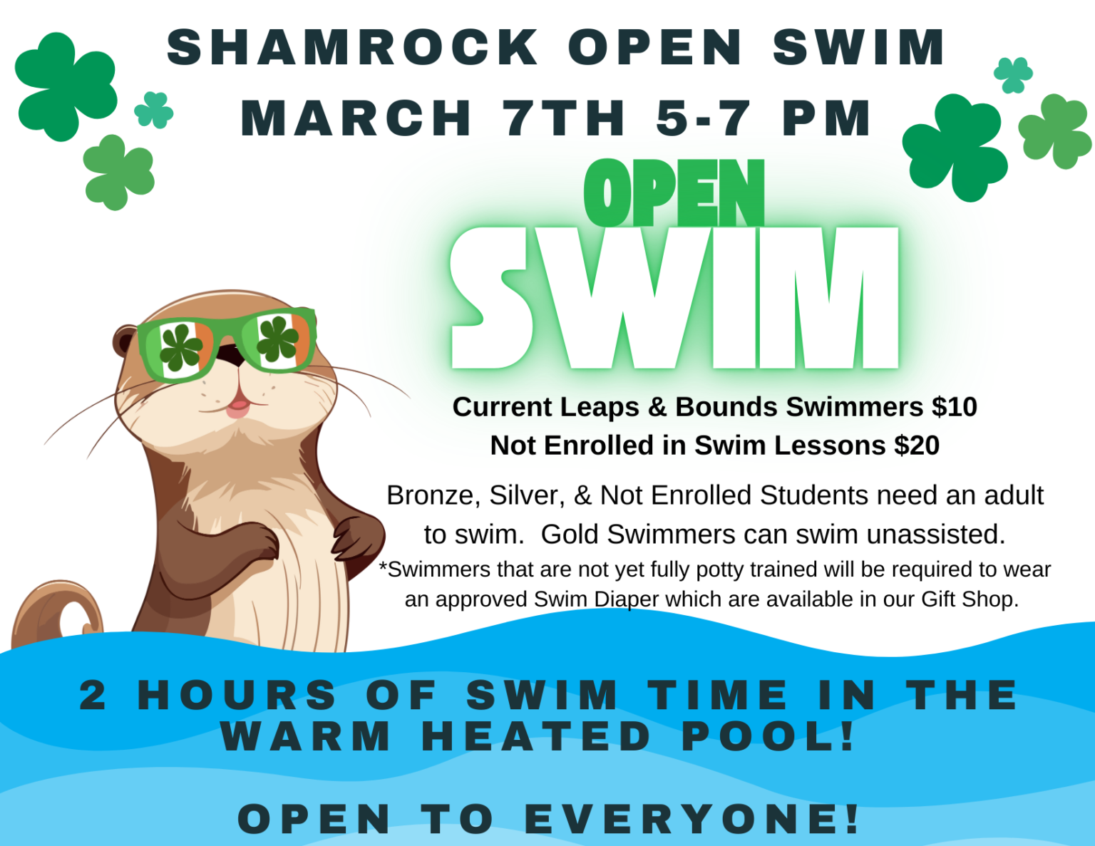 Illustrated otter with clover sunglasses and a pool float, promoting a Shamrock Open Swim event on March 7th with admission details.