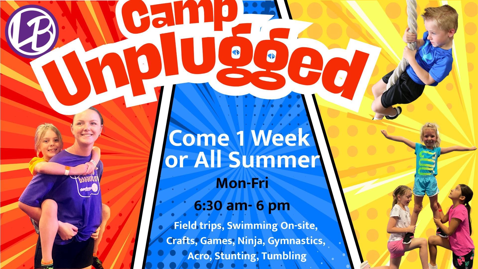Camp Unplugged flyer with children and staff doing activities like piggyback rides, climbing ropes, and jumping; camp details shown in text.