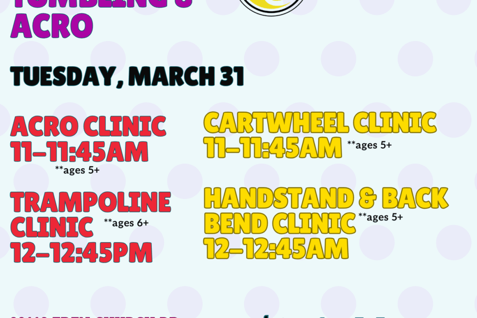 Flyer listing tumbling and acro clinics for kids, with times, ages, location, cost, and contact info on a light blue background.
