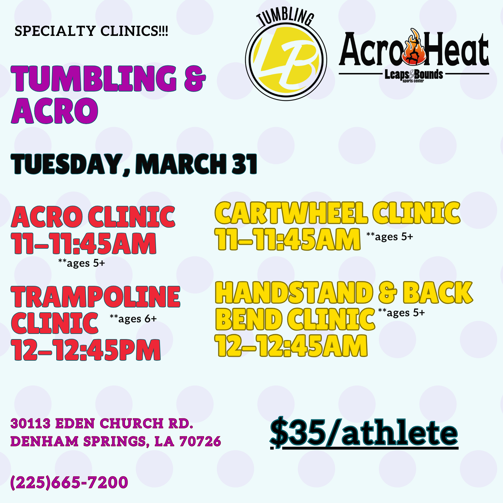 Flyer listing tumbling and acro clinics for kids, with times, ages, location, cost, and contact info on a light blue background.